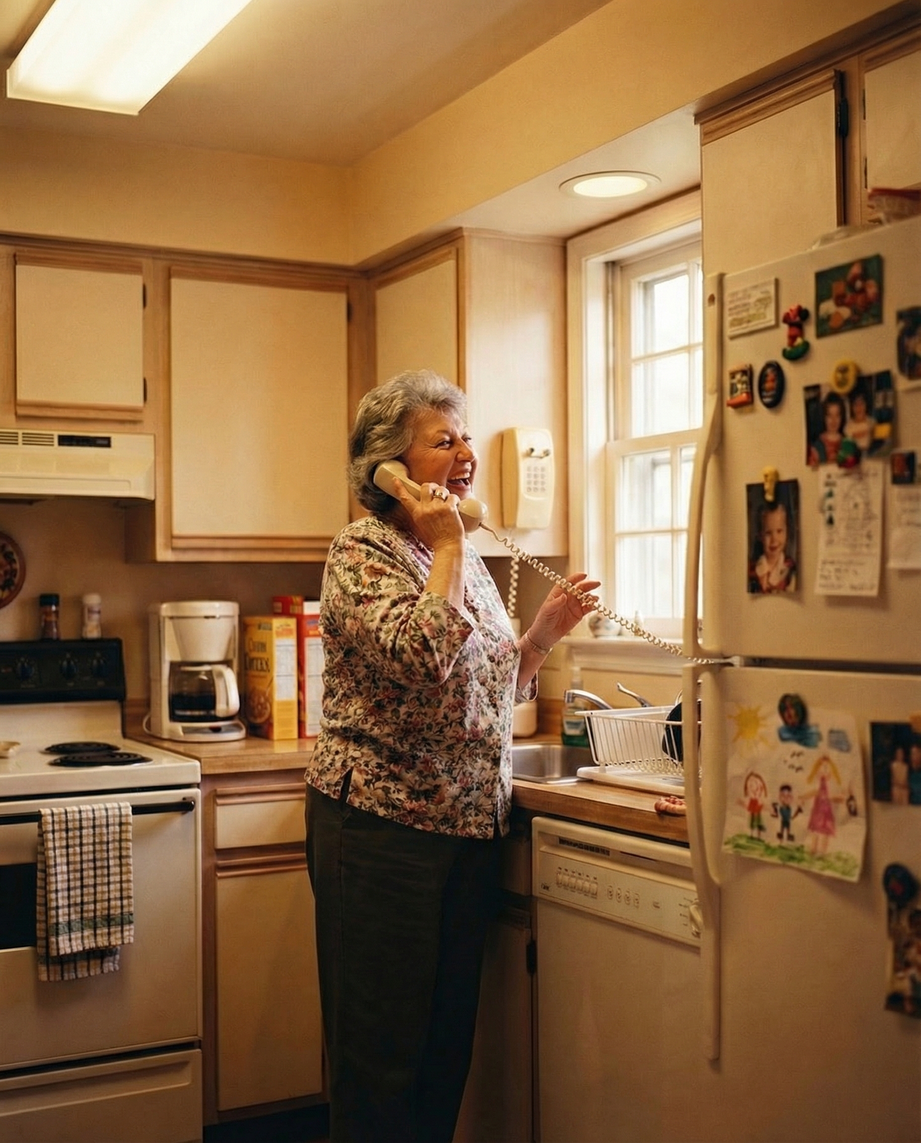 Grandmother laughing on a kitchen phone